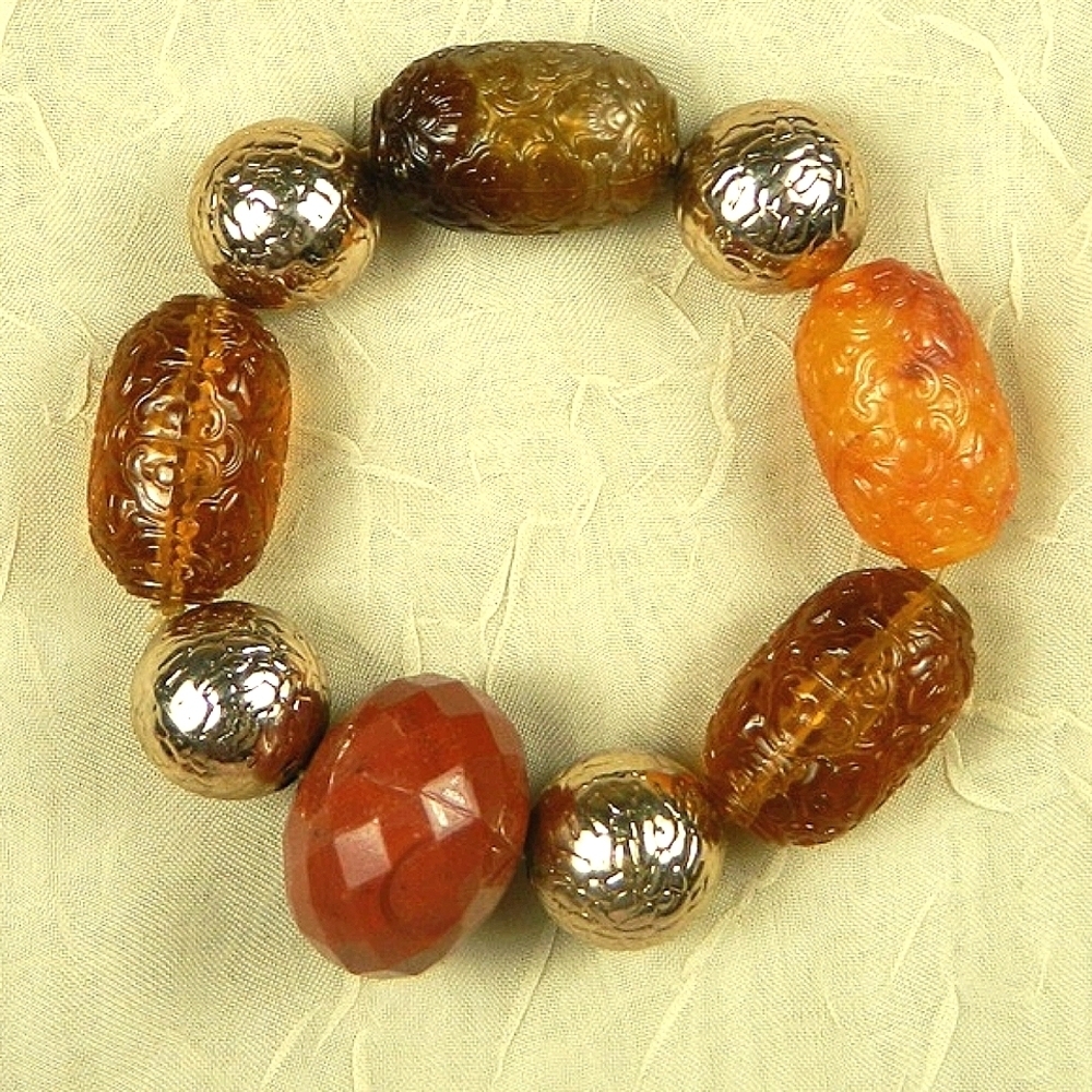 Bracelet Red Orange Brown Bead Stretch Cord Silver plated Balls